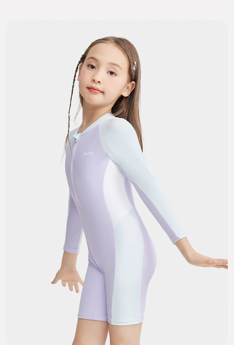 Jeep Children's Swimsuit, One-Piece Professional Training Swimwear for Girls, Suitable for Older Children, Hot Spring And Swimming, Cream Purple, Size 140 3