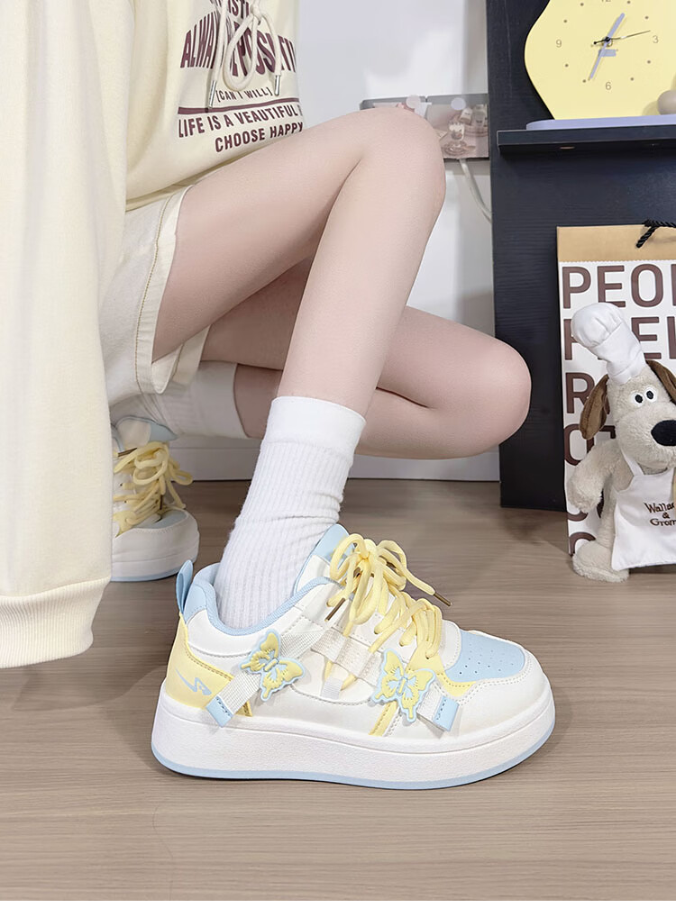 RENBEN Matcha Green Butterfly White Sneakers for Women, New Fashion Versatile Casual Shoes, Thick-Soled Korean Style Platform Shoes, White And Green, Size 38 11
