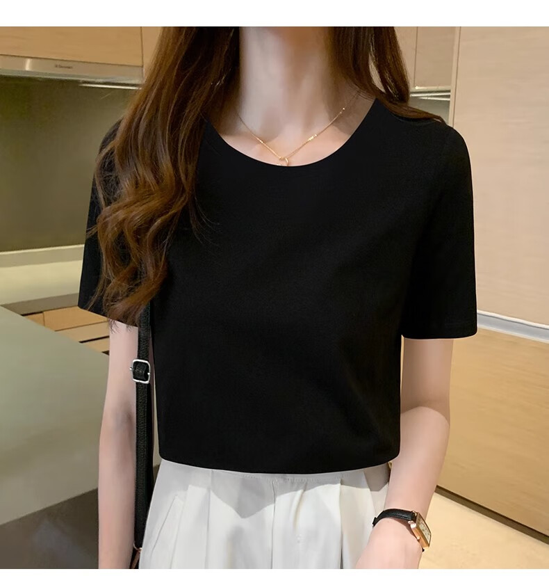 Woodpecker Women's Regular Shoulder Short Sleeve T-Shirt Summer 2025 New Loose Thin Solid Cotton Slim Fit Top White 4XL 13