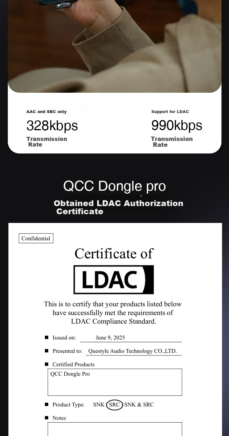 Questyle QCCDonglePro Lossless LDAC Bluetooth Transmitter HiFi Wireless Bluetooth Adapter MFI Compatible with Apple Phones PS5 Computers Switch 5