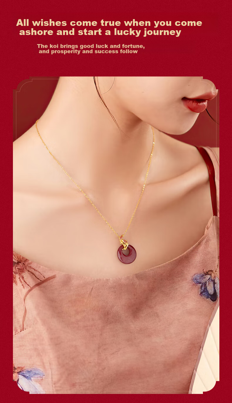Zhenshangyin Chinese Gold Koi Cinnabar Peace Buckle Silver Necklace for Women, Birthday New Year Gift for Girlfriend Amulet S925 5