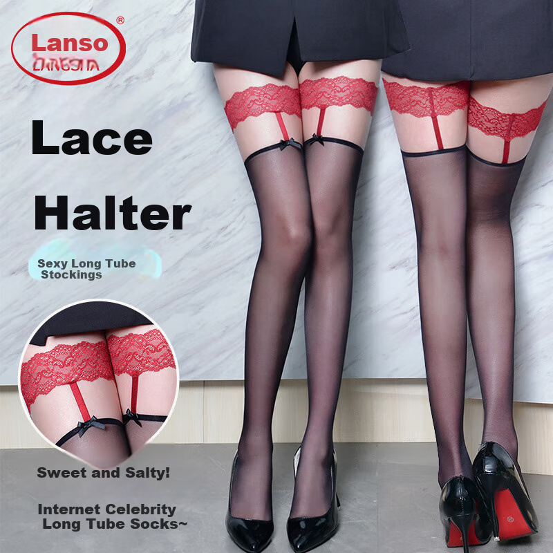 LangSha Red-Edged Black Fake Sling Over-Knee High Stockings, Sexy Internet Celebrity Lace Butterfly Bow Thigh-High Ultra-Thin Pantyhose for Wome