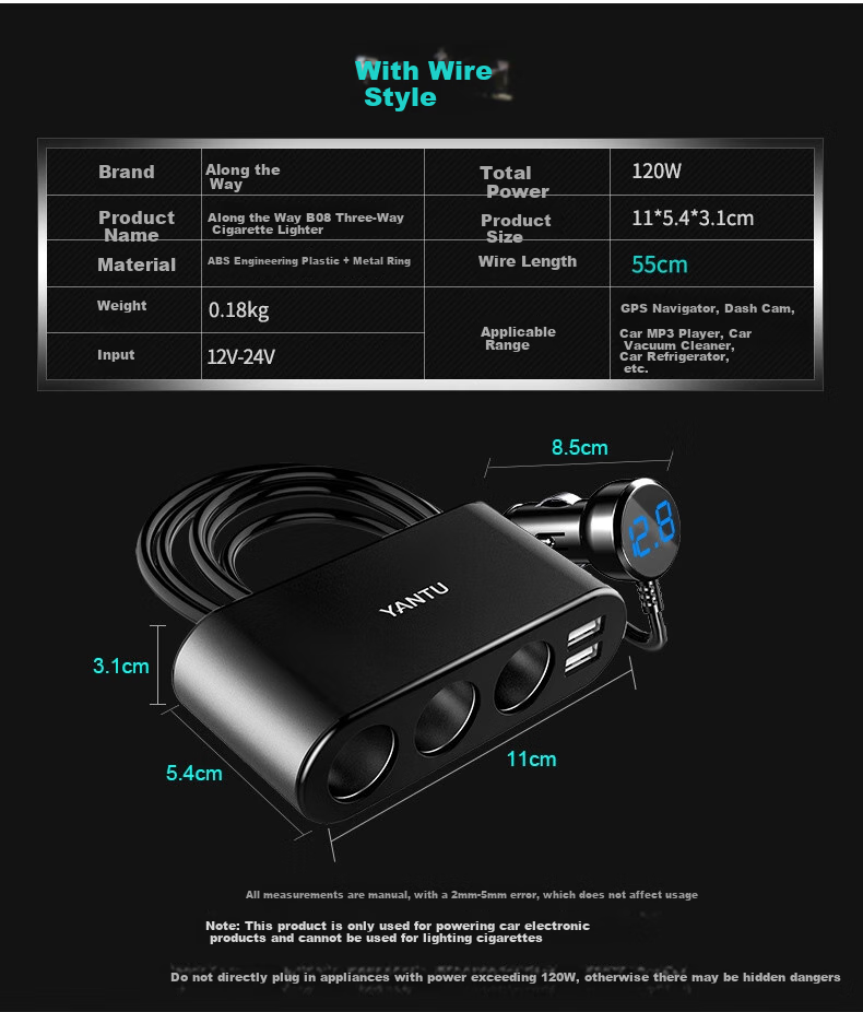 Yantu Car Charger Super Fast Charging Cigarette Lighter Adapter Three-In Dual USB Voltage Detection LED Black B08 14