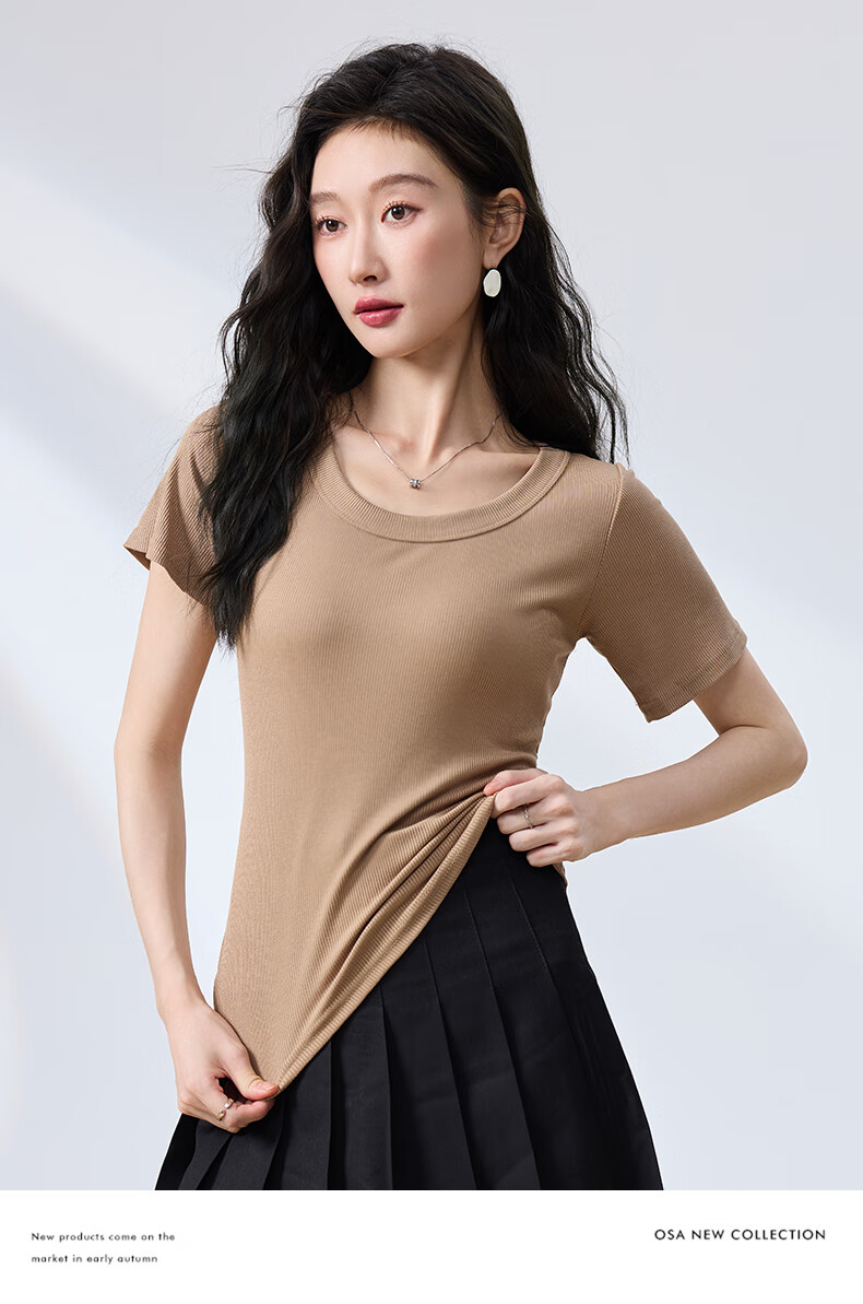BOPRUIEY Women's Summer Short Sleeve Solid Color Ribbed Large Round Neck Slim Fit T-Shirt Top 22