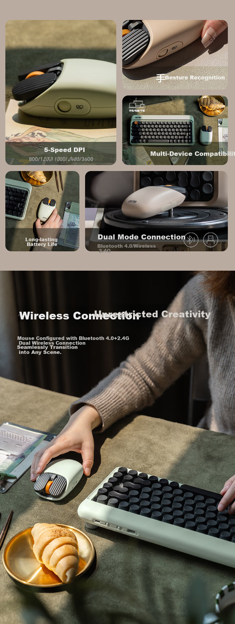 LOFREE Potato Chip Mouse EP115, Wireless Bluetooth 1970S Retro Series, Dual-Mode Connection Office Mouse, Walnut 2