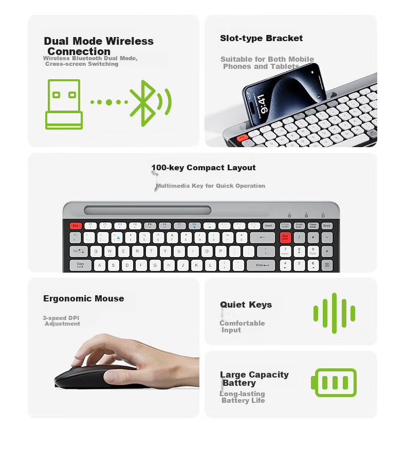 Acer Wireless Bluetooth Keyboard And Mouse Combo, Rechargeable Mouse Keyboard, Compatible with Phones, Computers, IPad Tablets, Universal Keyboard And Mouse Set, Card Slot Stand, OKR215 Gray And Black 3