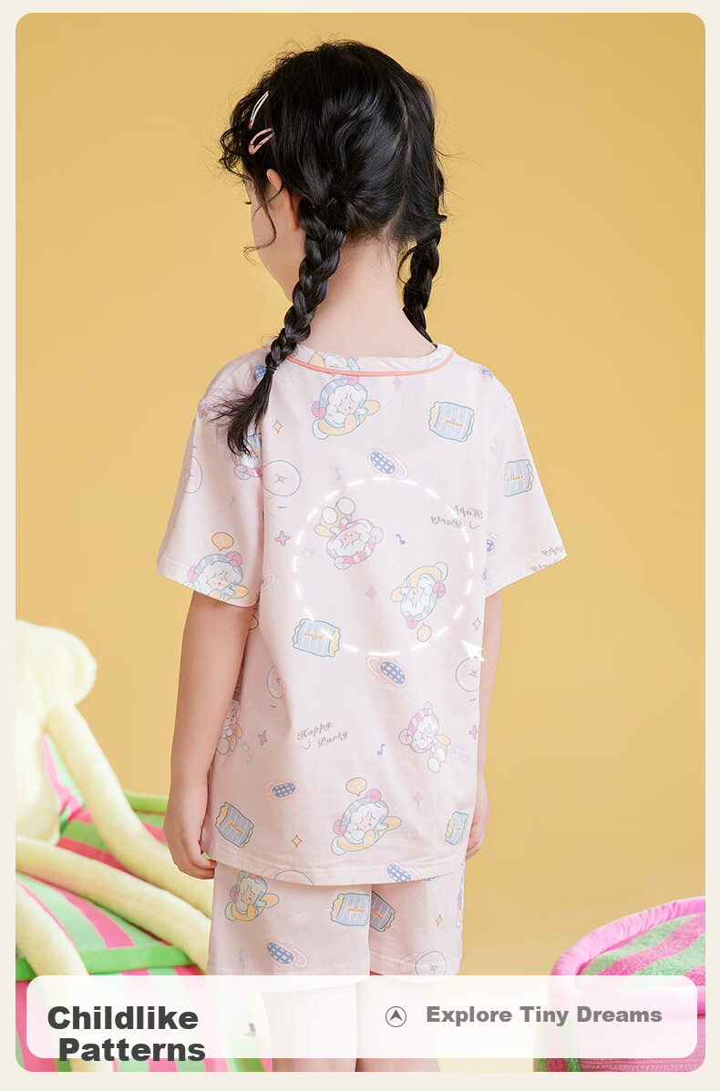 Fenteng Kids Pajamas Girls 100% Cotton Summer Round Neck Loose Cartoon Short Sleeve Shorts Homewear 6