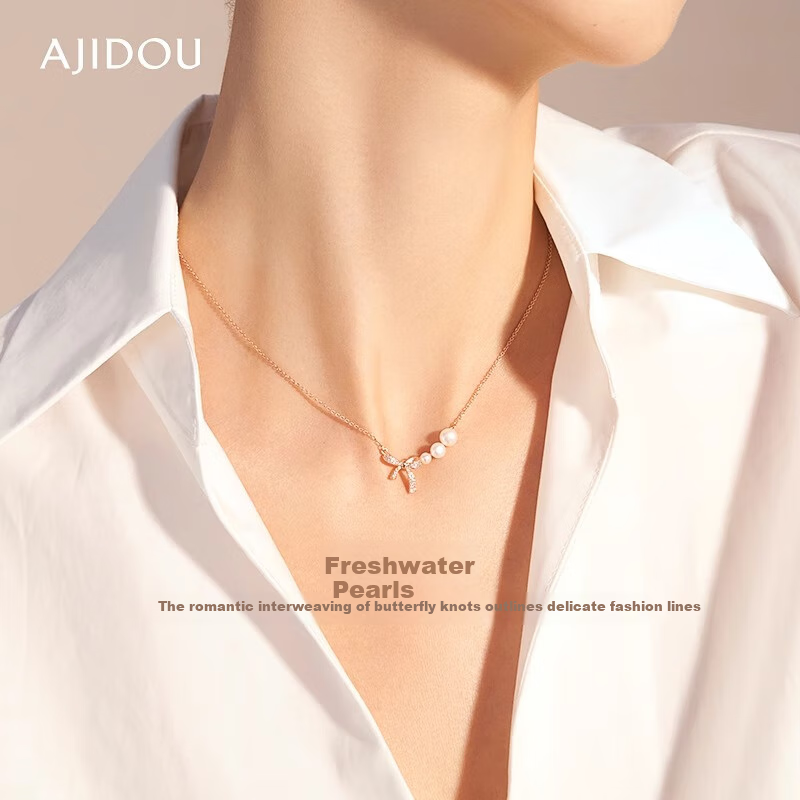 AJIDOU Women's Necklace, Fashionable Sweet Pearl Bow Collarbone Chain, Gift for Girlfriend, Valentine's Day Present, Mid-Autumn Festival Gift