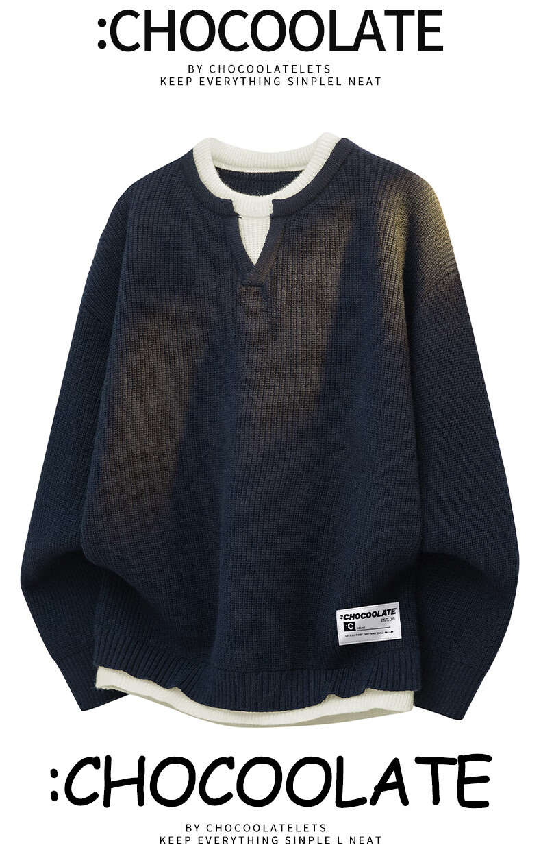 :CHOCOOLATE IT Fake Two-Piece Sweater Men Autumn Trendy Patchwork Loose Comfortable Knit Jacket Black 2XL 2