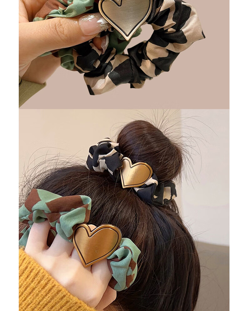 Jiaoxuefei Elegant Hair Tie with Heart Design, Green, High Ponytail Bun Hair Elastic Band with Leather Cover, Hair Accessory Gift 2