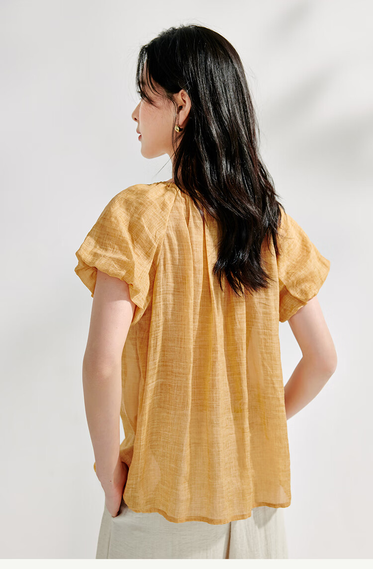 Inman French Style Ramie Cotton Lantern Sleeve Shirt Summer Women's Casual Design Lazy Short Sleeve Top Light Blue XL 12