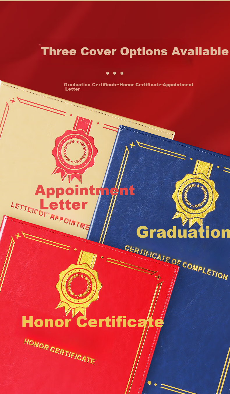 SHEN SHI A4 Leather High-Quality Certificate Cover for Diplomas, Honorary Certificates, Graduation Certificates, Training Certificates, with Inner Pages That Can Print Logo, Vertical Blue (Graduation Certificate) Inner Page 1 Sheet 8