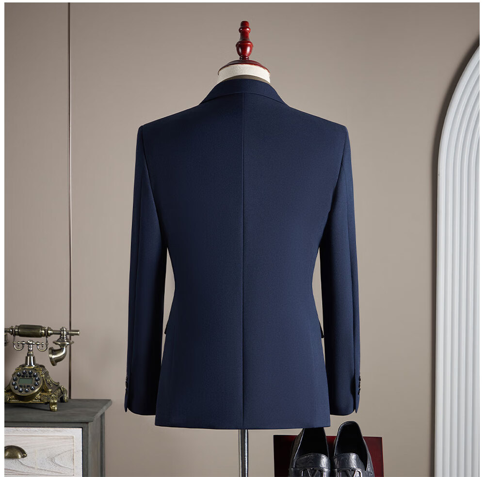 ROMON Men's Suit Set (Blazer + Vest + Trousers) Professional Formal Wool Coat Navy Blue 4XL 11