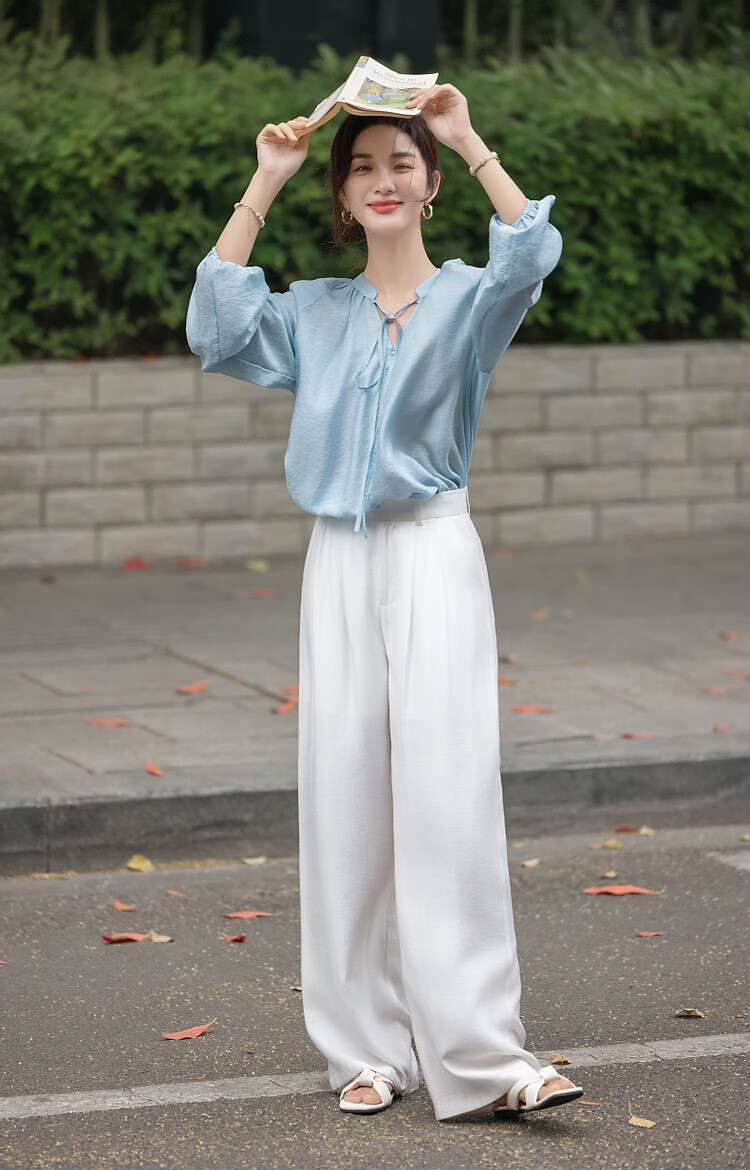 Demana [Simple Life] Spring and Autumn Lightweight Oxygen Linen Lyocell Blend Elegant V-Neck Ribbon Pocket Sleeve Women's Shirt 23