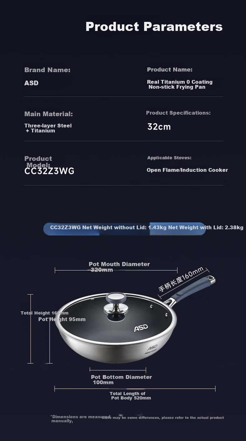 ASD Wok with Real Titanium Non-Stick Coating, No Fluorine Layer, Titanium-Containing Stir-Fry Pan, 32cm, Compatible with Gas And Induction Cooktops 20