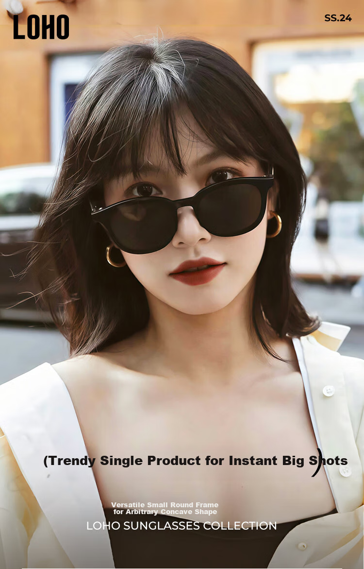 LOHO 2024 New Women's Sunglasses, Mirror Finish for A Luxurious Look, Small Frame, Acetate Material, Round Frame, Fashionable Eyewear, LH09636 Black 1