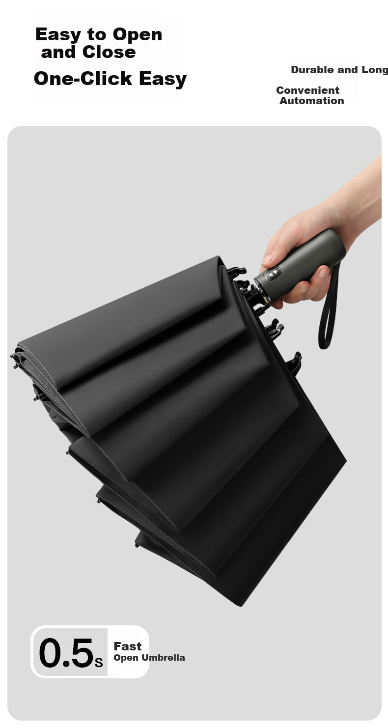 MAYDU 125cm Fully Automatic Reverse Umbrella Folding, Men's Business Umbrella for Sun And Rain, Enlarged Double-Fold Umbrella M3063, Black Aluminum Alloy Reinforced Windproof, One-Button Open/Close, High-Quality 6