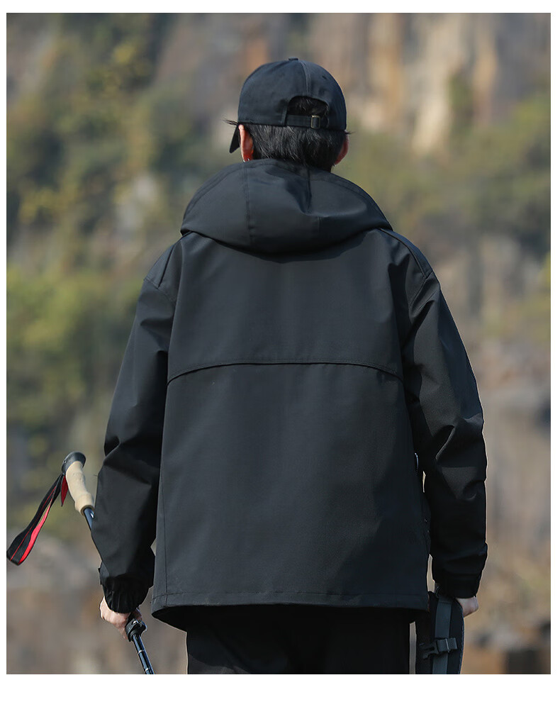 JEEP Men's Spring Autumn Loose Hooded Jacket Casual Workwear Outdoor Mountaineering Coat Black XL 5
