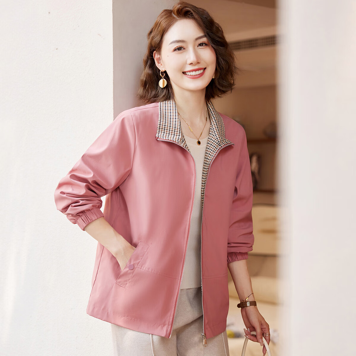 Pasite Casual Color-Block Lapel Trench Coat Jacket for Middle-Aged And Elderly Women, Comfortable Outerwear, Pink, 3XL