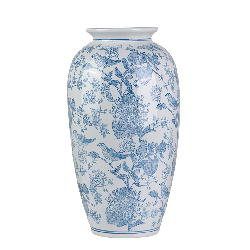 Qiju Yaji New Chinese Style Ceramic Vase Living Room Entrance Decoration New Year Gift Light Blue Floral Bird Radish Vase 15 Inch 30013