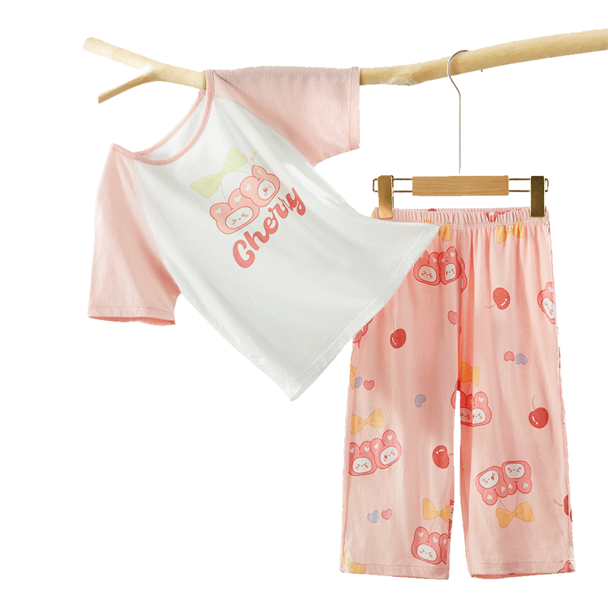 DEESHA [7A Antibacterial Cotton Mesh Jacquard] Girls' Lightweight Short-Sleeve Pajama Set, Soft Cotton Skin-Friendly Air Conditioning Wear