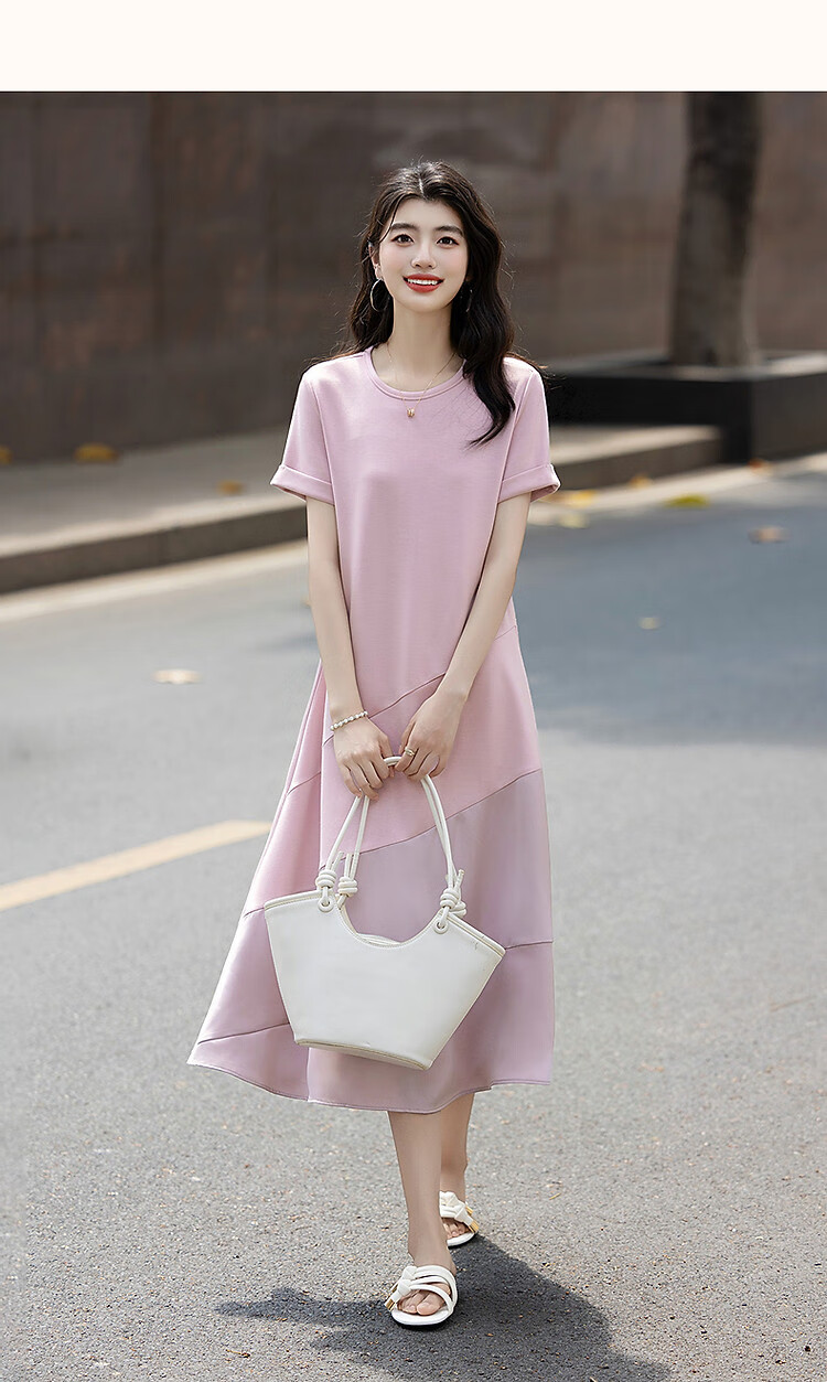 Demana Romantic Summer French Style Round Neck Smooth Satin Spliced Short Sleeve Loose Waist Long Women's Dress 16