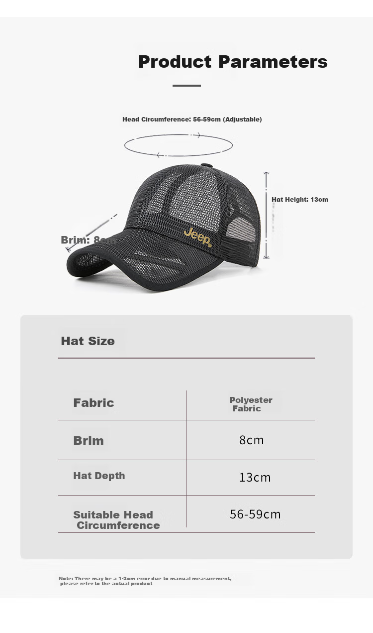 JEEP Men's Baseball Cap Summer Mesh Quick-Dry Sun Hat Unisex Visor Hiking Sun Hat Fishbone White 5