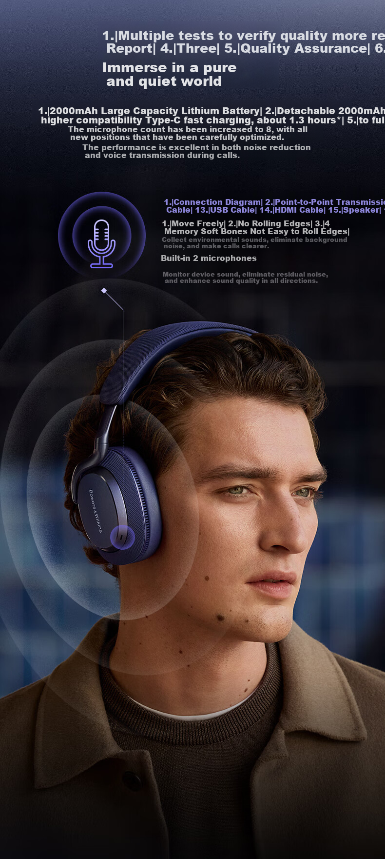 Baohuaweijian Px7S3 Over-Ear Bluetooth Headphones [Price Protection Double 11] HiFi Sound Bowers & Wilkins Active Noise Cancellation Wireless Earphones Not Compatible with Huawei Apple, Xuan Tie Black 3