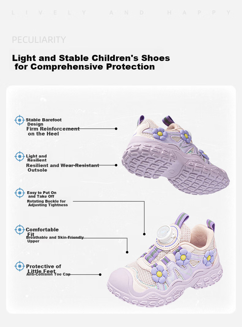 ANNIL Girls' Sports Shoes, 2026 New Summer Style, Soft-Soled Children's Flower Rotating Button Shoes 5194, Purple, Size 34 1