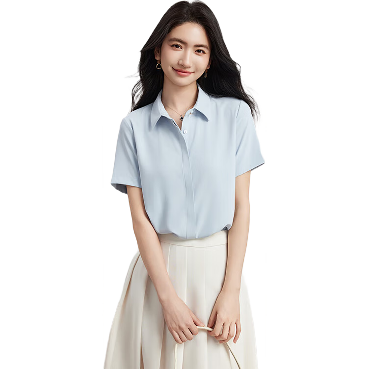 Bodexiaojie Blue Chiffon Short-Sleeve Blouse for Petite Women, Professional Work Top, Interview Formal Wear Shirt, 2XL