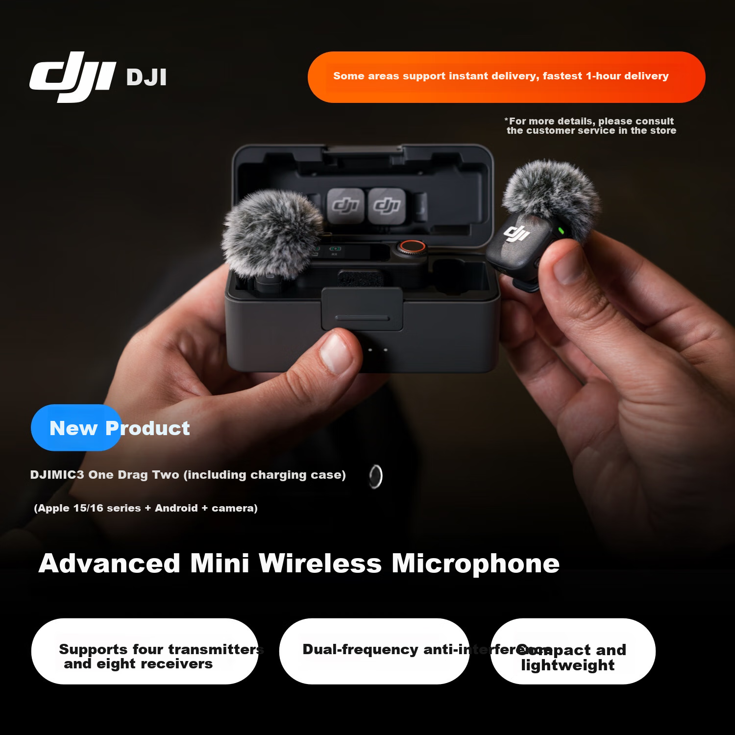 DJI Mic 3 Advanced Mini Wireless Microphone, Interview Live Clip-On Microphone with Two Mics (Including Charging Case), Compatible with Apple 15-17 Series + Android + Camera