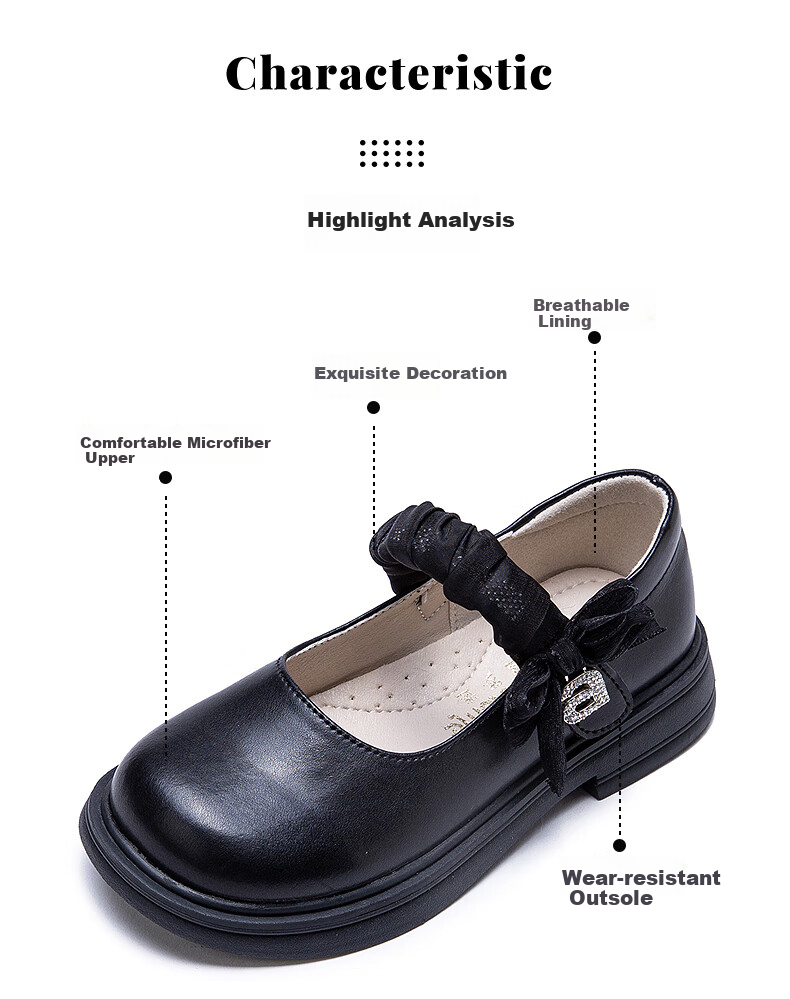Follow Me Girls' Leather Shoes Spring And Autumn Soft-Soled Breathable Square-Toe Flats for Older Children, Student Black Performance Shoes, Black, Size 26 2