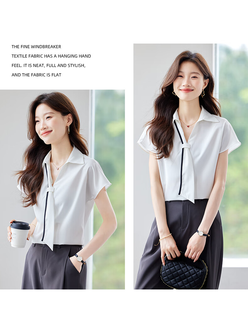 Jeanswest Women's Short Sleeve Shirt 2025 Summer High-End Design Ribbon Versatile Commuter Top White M 16