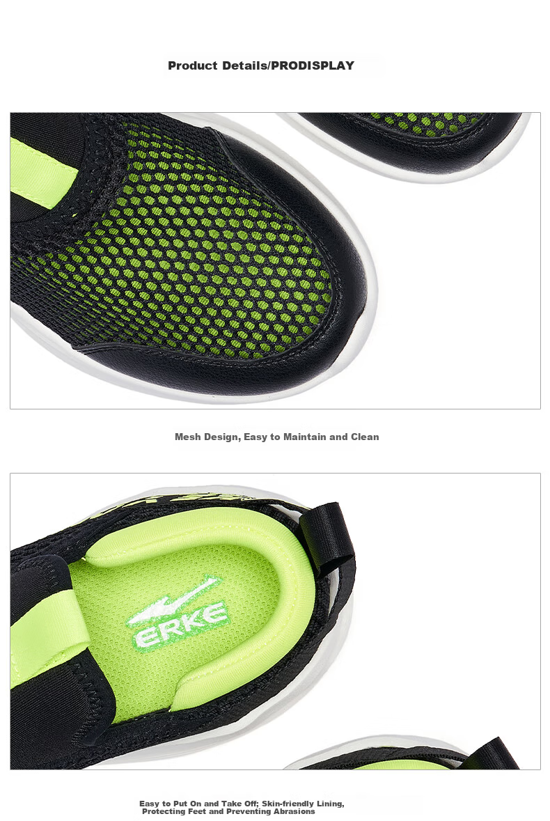 ERKE Children's Shoes, Boys And Girls Casual Sneakers for Kids, Slip-On Breathable Sports Shoes, Black/fluorescent Glossy Green, Size 36 51