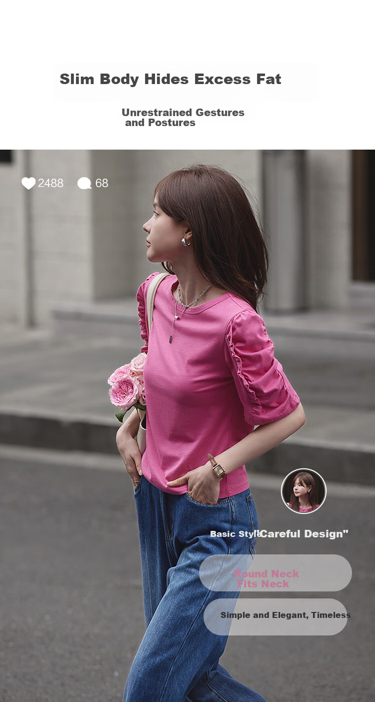 Mt [Korean Sweet Style] Summer All-Cotton Puff Sleeve Ruffle Trim Round Neck T-Shirt 5