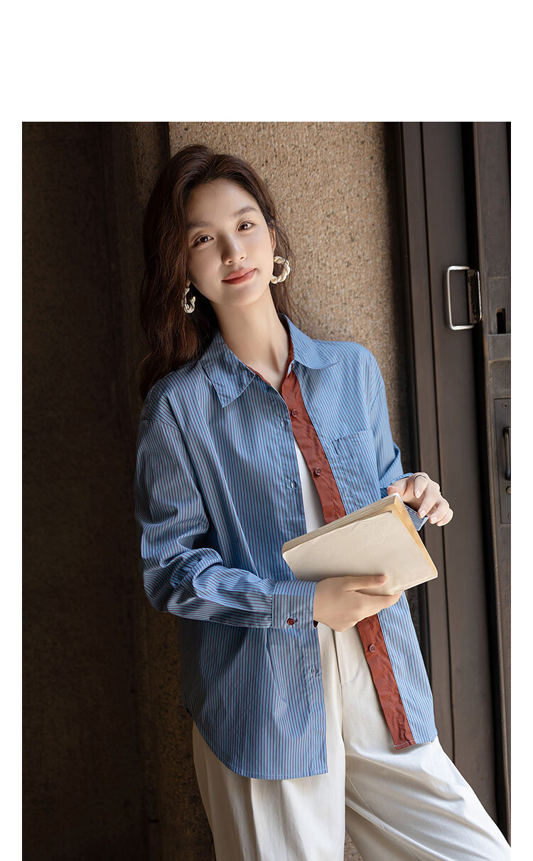 Demana [Comfort Pure Cotton] Autumn Artistic Blue Tone Contrast Collar Striped Pocket Straight Shirt Women's Top 1