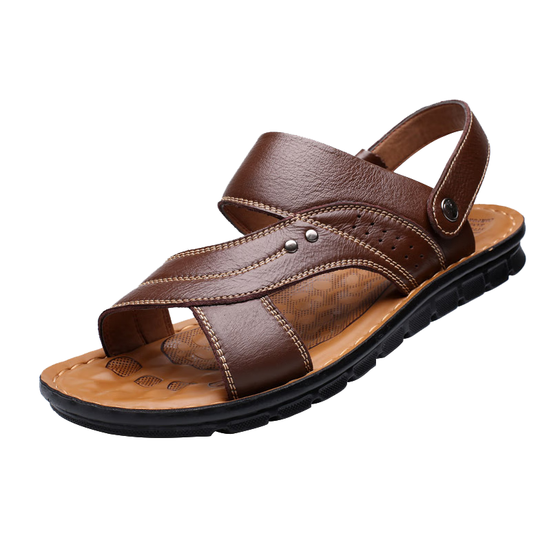 EGCHI Men's Sandals, Outdoor Slippers, Top-Grain Leather, Breathable Beach Shoes, 12129 Brown, Size 39