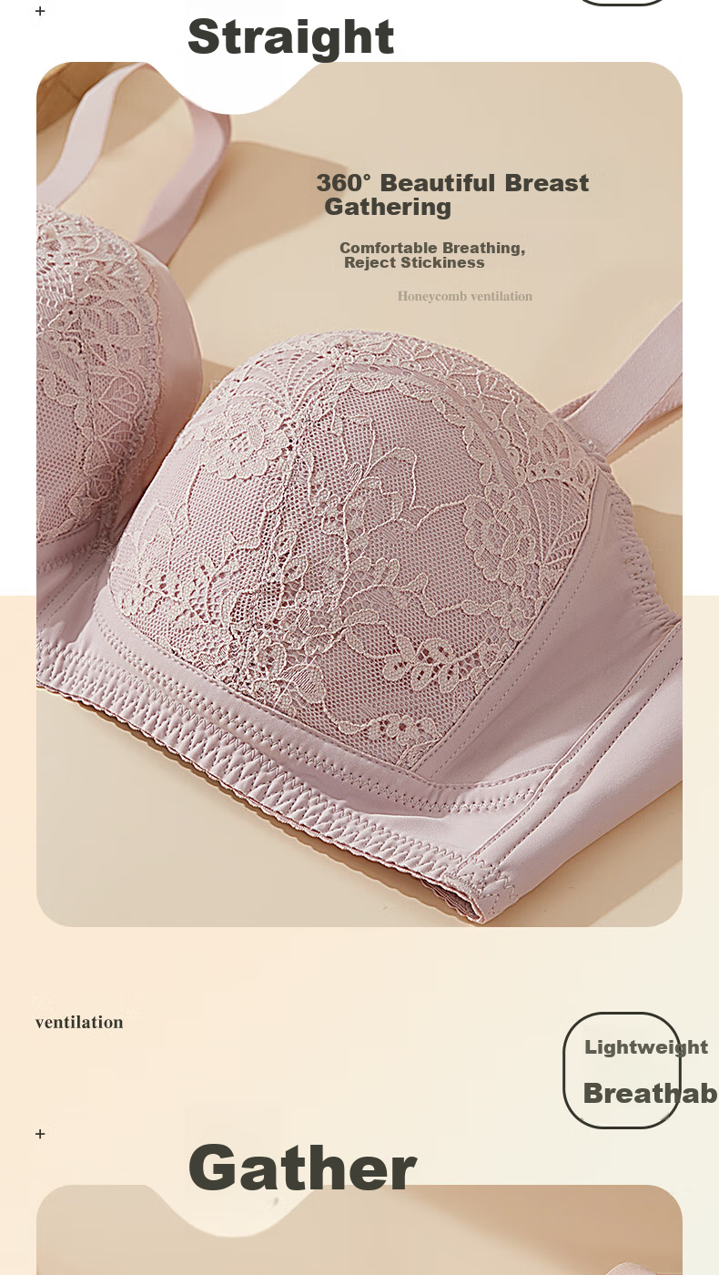 GUJIN Women's Wireless Bra, Minimizing for Large Breasts, Side Support And Gathering, Cotton Fabric, Skin-Friendly, Breathable, Sexy Lace Brassiere 3