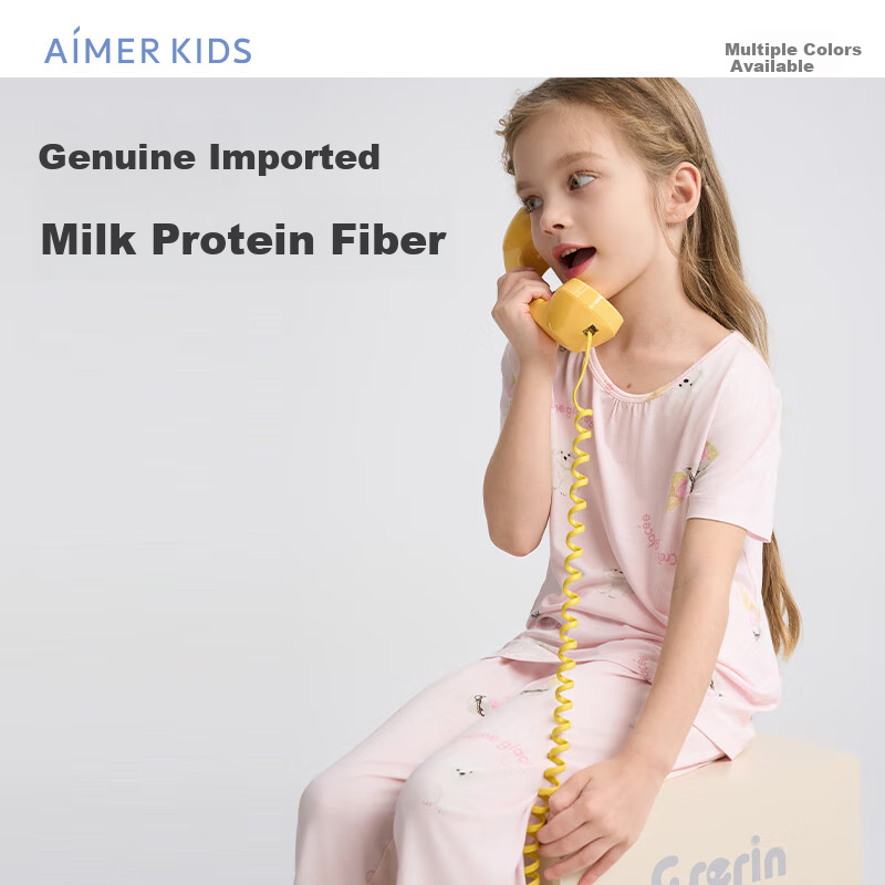 Aimer Kids Girls' Pajama Set, Milk Skin Fabric, 3A Antibacterial Short-Sleeve Sleepwear/pajama Pants, Single Piece