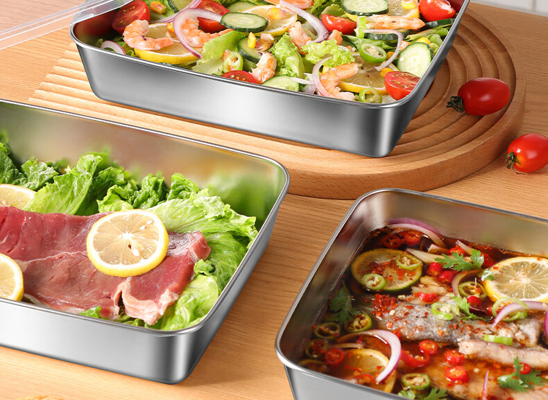 BJ 304 Extra Thick Stainless Steel Rectangular Tray, Serving Tray for Street Vendors, Cold Dish Plate, Barbecue Plate, Large Food Storage Container with Lid, 1 Piece 1