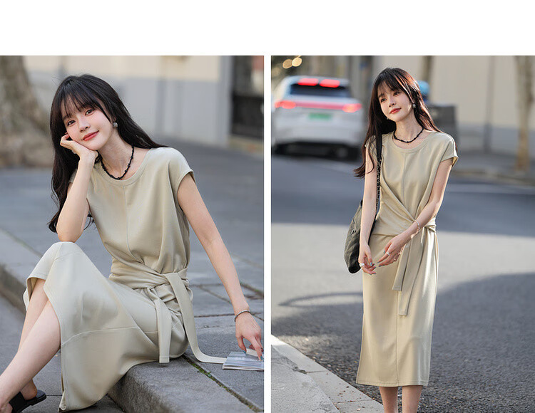 Mt [Asymmetric Aesthetic], Summer Design-Inspired, Tie-Up Slit Round Neck, Elastic Long Women's Dress 12