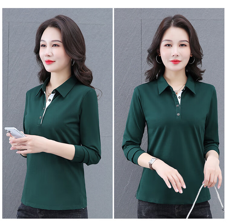 Woodpecker Women's Long Sleeve Cotton Polo Shirt, Spring Autumn New, Middle-aged Plus Size Casual Top, Gray, L 20