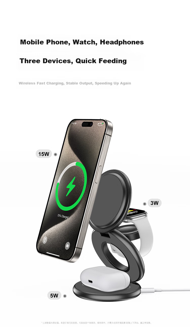 Jingshan Multifunctional MagSafe Foldable Three-In Magnetic Wireless Charging Stand for Apple IPhone Watch And Earphones, Desktop Charger, 15W Foldable Portable Fast Charging 5