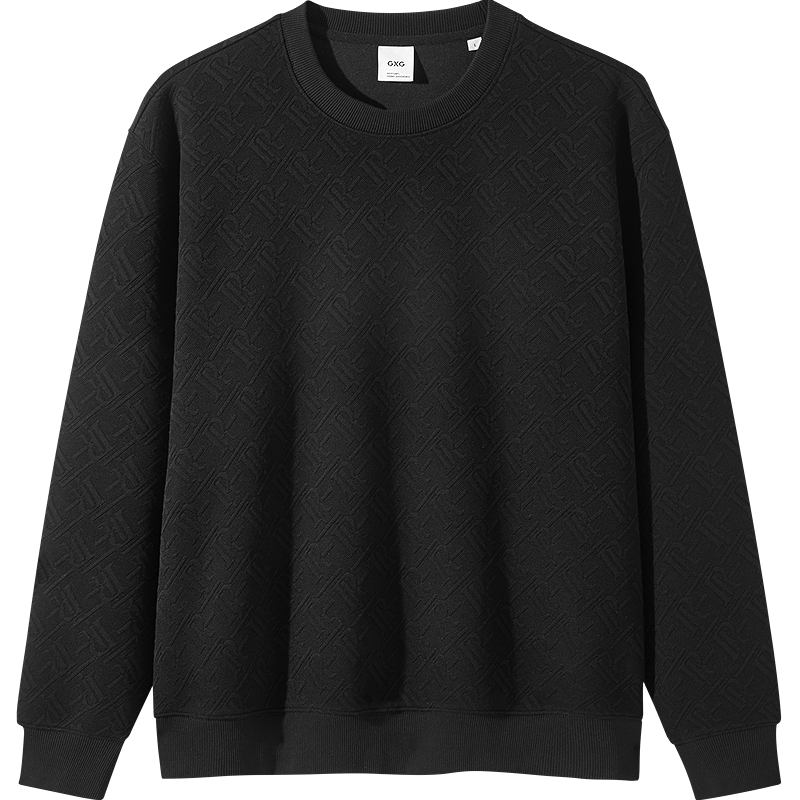 GXG Men's Round Neck Sweatshirt, Two-Tone Textured Jacquard, Long-Sleeve Inner Layer Top, Black, 180/XL