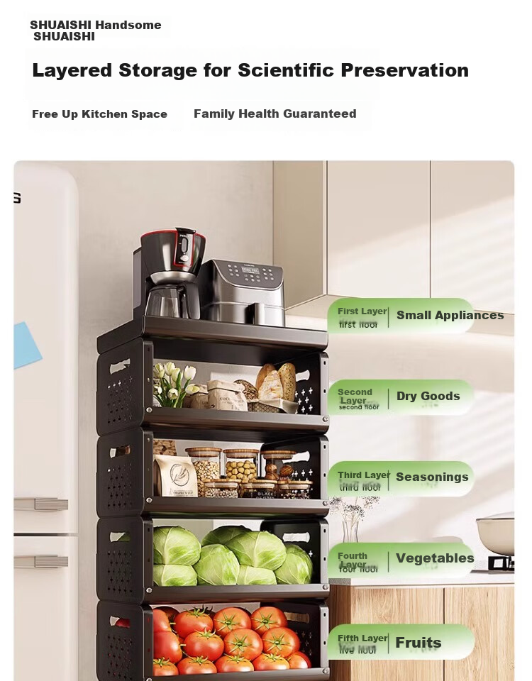 Shuaishi Kitchen Storage Rack, Fruit And Vegetable Organizer, Vegetable Shelf, Snack Trolley, Floor-Standing Basket 4