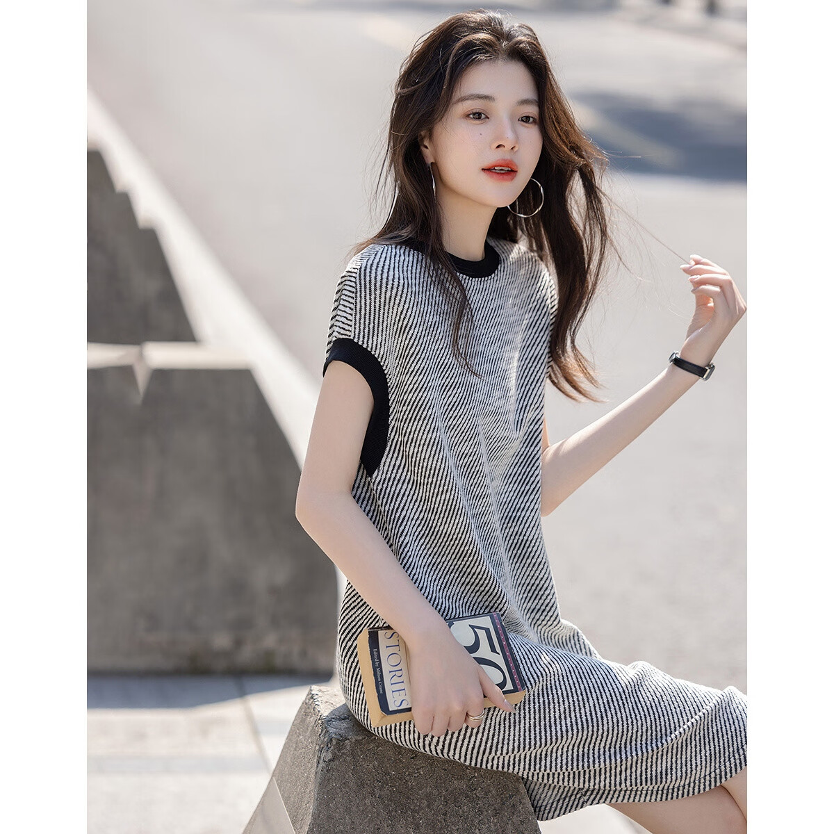 Dme [Containing Gentle Cloud Oxygen Cotton] Summer Comfortable Loose-Fitting Round Neck Drop-Shoulder Wide-Leg Women's Shiny Knit Dress