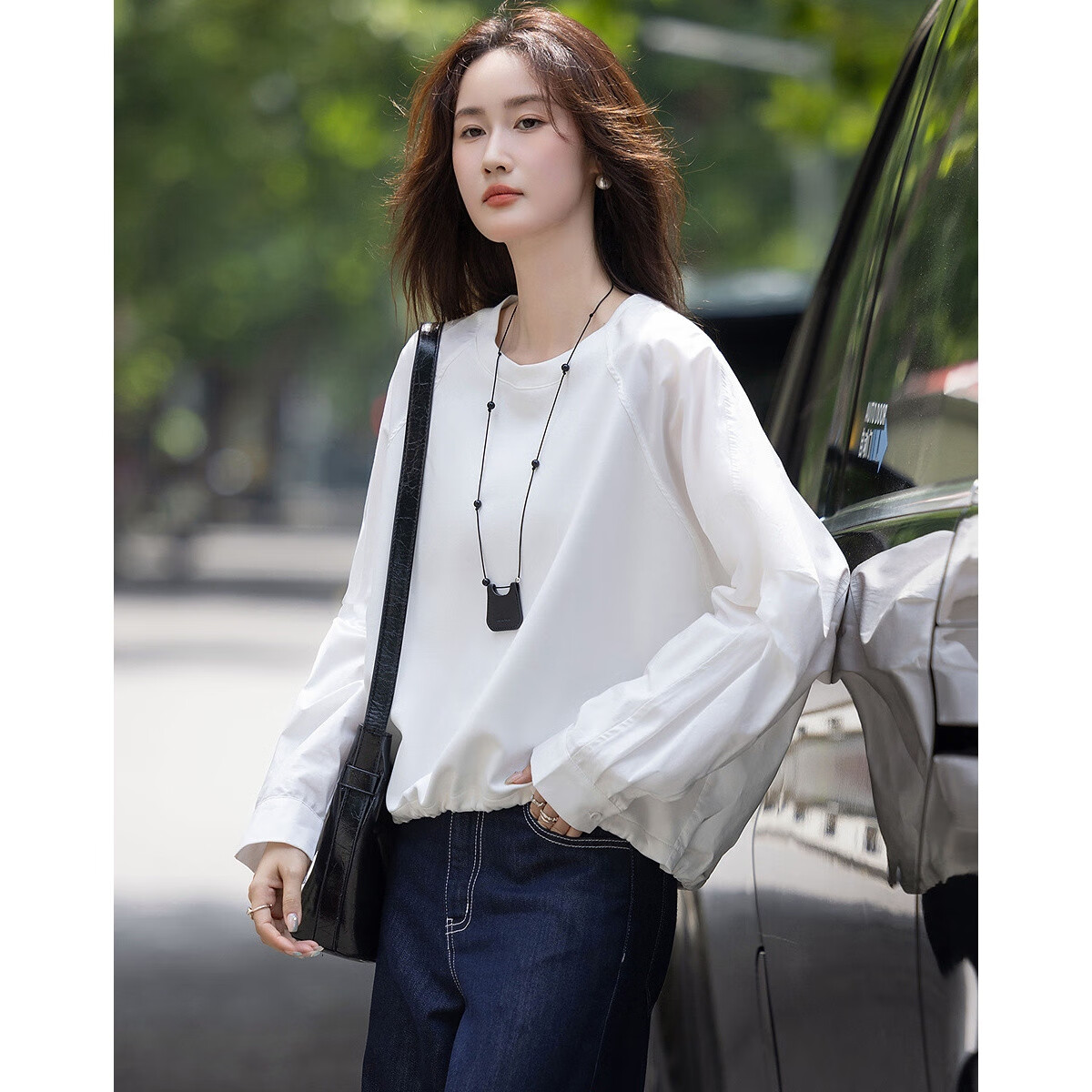 Dme [Shu Ruan 280G Air Layer] Spring And Autumn Round Neck Loose Slightly Elastic Pleated Drawstring Fleece Sweatshirt Women's Top