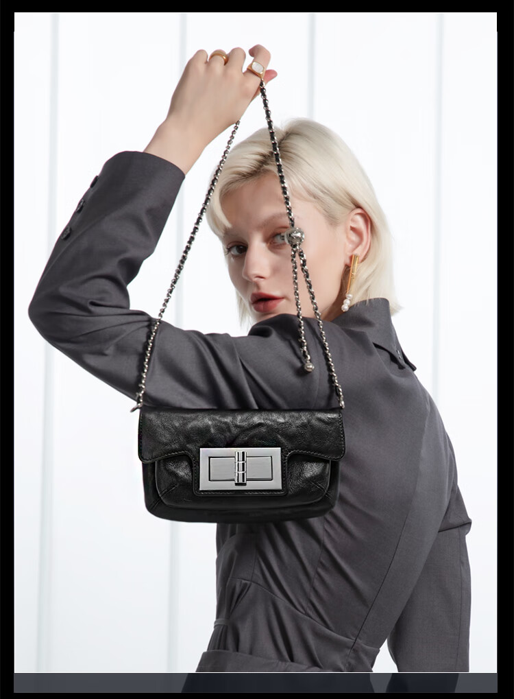 Mood Top-Grain Leather Chain Bag for Women, Black Small Square Bag, Autumn/winter Commuter Shoulder Crossbody Bag, Light Luxury Women's Handbag 7