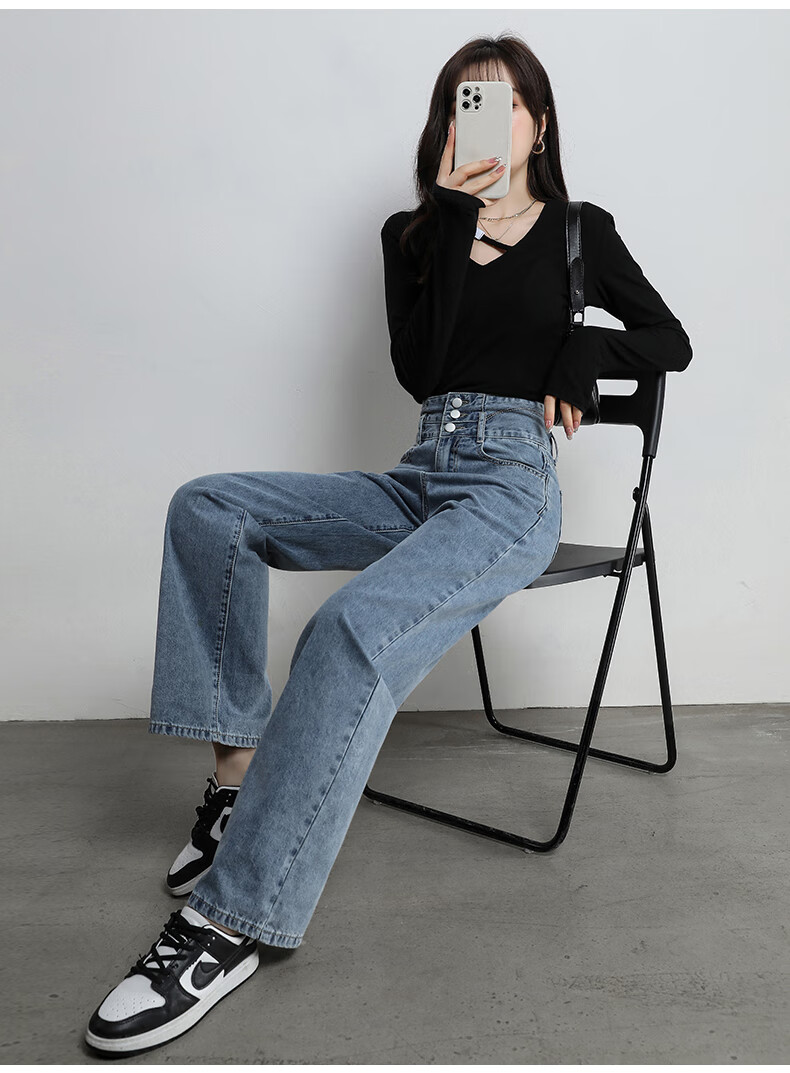 Romon [Cotton Stretch] Women's Summer High-Waist Slim Fit Simple Casual Loose Wide-Leg Jeans Dark Blue S 14