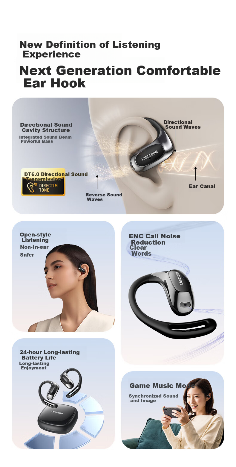 Lanshidun Bluetooth Headphones, Ear-Hook Style, Bone Conduction Concept, Open-Ear Design, Not In-Ear, ENC Calling, Noise Reduction, for Sports, Running, Cycling, Gaming, Music Headphones, TE10 Black 2
